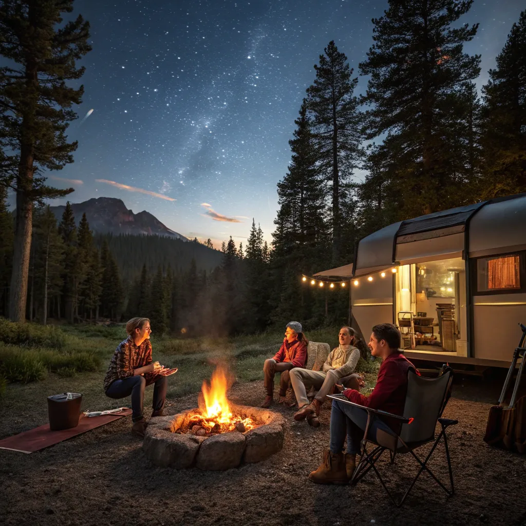 Outdoor workshop with campers gathered around a fire pit